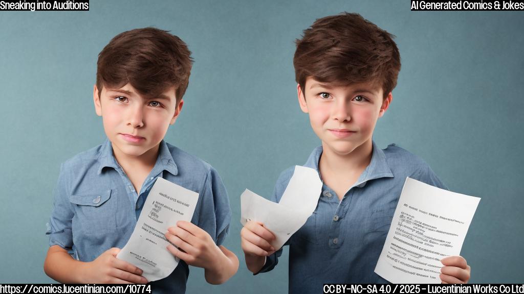 A cartoon style picture of a young boy with tousled hair and a determined look, holding an audition script. He is strategically covering the last name on his resume with his thumb. The background is a plain light blue.
