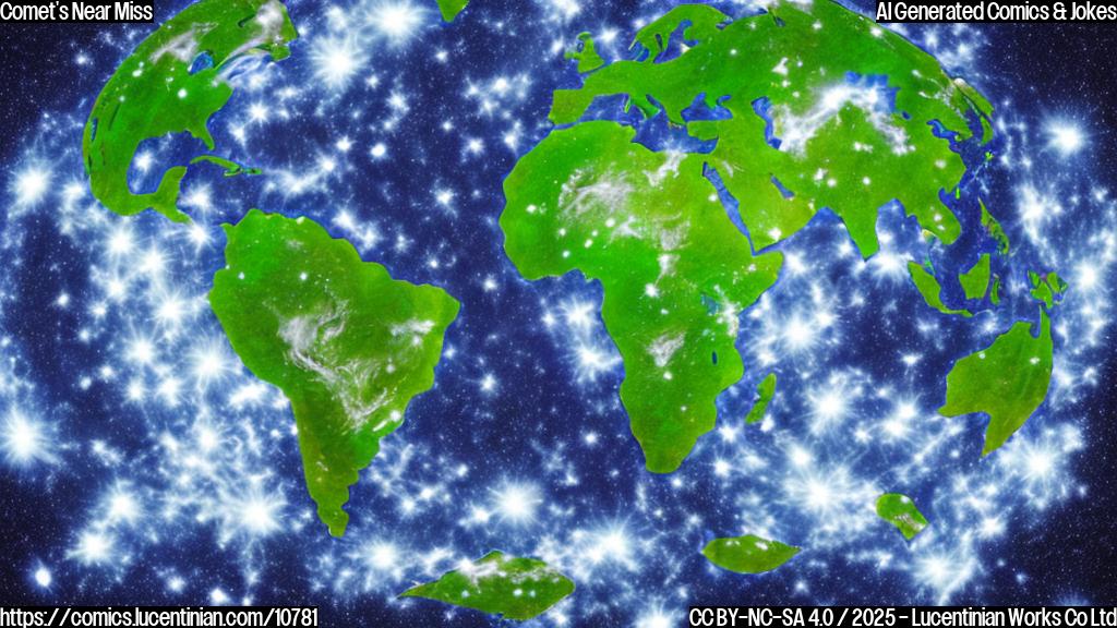 A cartoon-style image. A bright blue comet with a long, shimmering white tail zooms past a slightly worried-looking Earth, represented as a green globe with simple cartoon continents. The background is a dark purple space filled with randomly-sized yellow stars. The style is very simple and plain color.