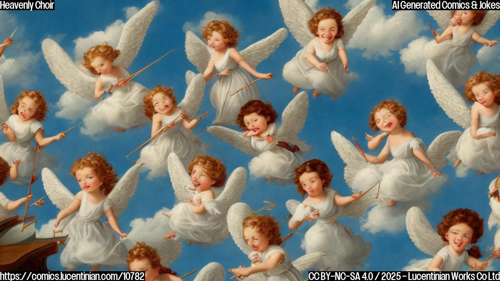 A group of cartoon angels with harps practicing their singing on fluffy white clouds in a bright blue sky.