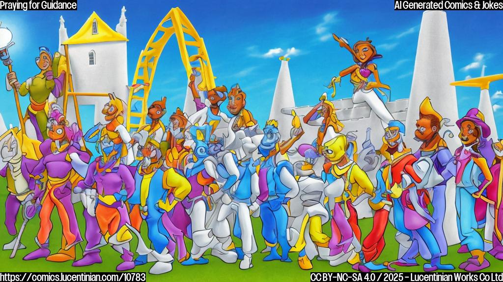 A group of cartoon figures, diverse in clothing color and style, stands near a very tall white building with arches. One figure is holding a bright yellow ladder. The sky is a plain light blue. The style is simple and cartoonish.