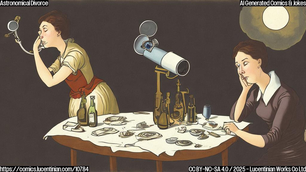 Plain color cartoon of a sad woman with messy brown hair looking at a telescope pointed at a fading star. A bottle of rum is knocked over on a nearby table.