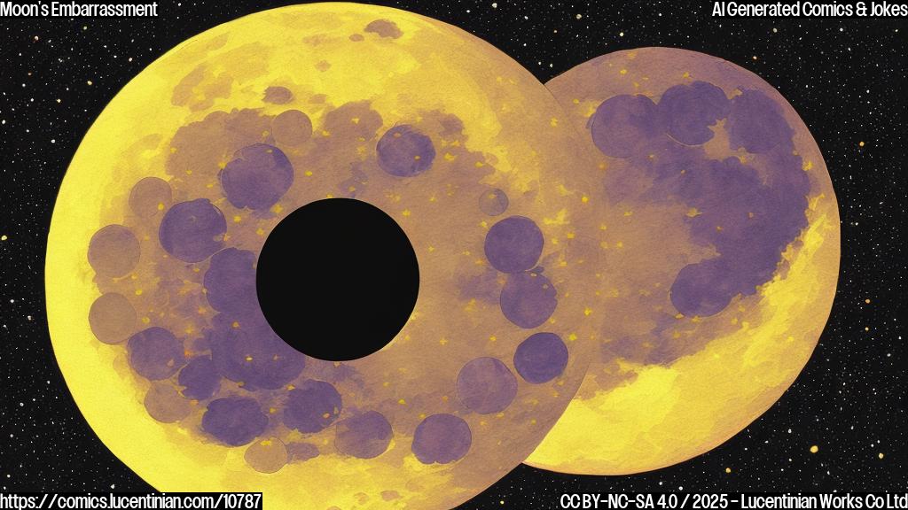 Plain color cartoon style picture of a round, yellow moon wearing glasses and blushing a deep red color. The moon is partially covered by a dark shadow representing the Earth's eclipse. The shadow has a small stalk of corn sticking out from behind it, hinting at the "corn moon" aspect.