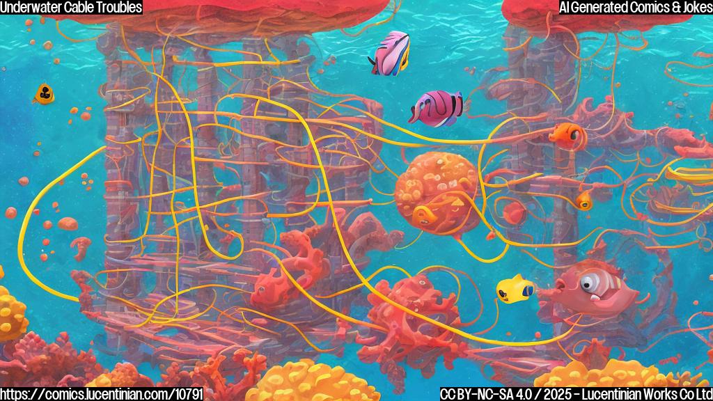 Cartoon illustration of a server rack located underwater with a confused expression, surrounded by cut cables in the Red Sea. The server is emitting bubbles with question marks inside. The overall style is simple and colorful.