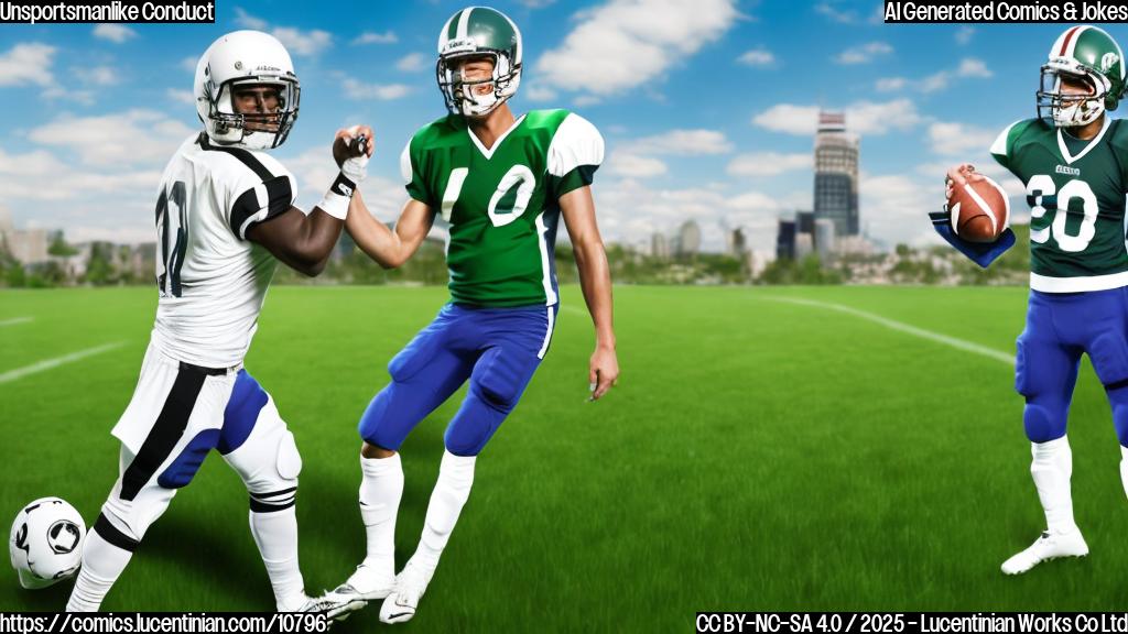 Plain color cartoon style image of a football player looking ashamed, with a football helmet on the grass next to him. A referee with a striped shirt is pointing a finger at the player with a stern look. The background is a blurred green field.