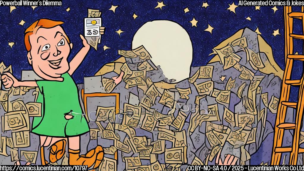 A cartoon drawing in plain colors showing a person holding a lottery ticket and a ridiculously tall ladder reaching into the sky filled with stars.