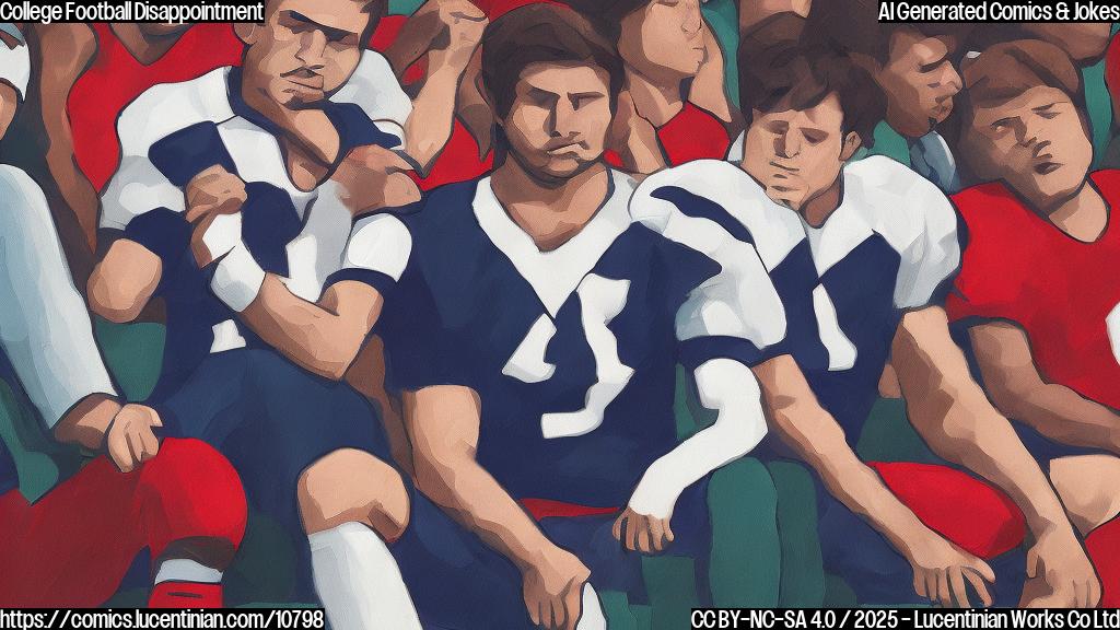 Plain color cartoon style picture of a football fan with a sad expression, wearing team colors, sitting in the stands with head in hands.