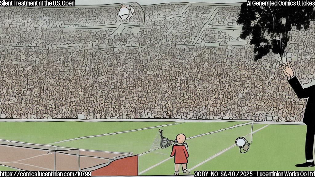 A plain color cartoon of a tennis court with a tiny figure resembling a generic businessman in a suit waving from the stands. The crowd is depicted as faceless blobs. A large microphone is prominently displayed with a big X through it, indicating silence. The overall tone is absurd and humorous.
