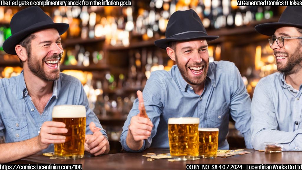 A friendly-looking fedora-wearing economist sitting at a bar with a glass of beer in front of him, chatting with a bartender who is wearing a cheerful expression and holding a bowl of peanuts on a tray. The peanuts are surrounded by a few strategically placed dollar bills, and the bartender is giving them a thumbs up as if to say "they're good".