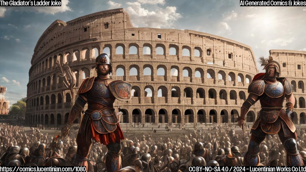 A muscular, helmeted warrior stands triumphantly in front of a brightly lit, ancient Roman Colosseum backdrop. The warrior is holding a ladder and looks determined to climb it. The surrounding arena is filled with cheering crowds and roaring beasts.