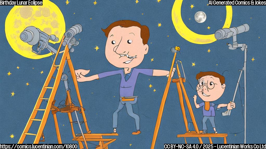 Cartoon style, plain color background, an astrologer with a telescope and a ladder, looking excitedly at a lunar eclipse.