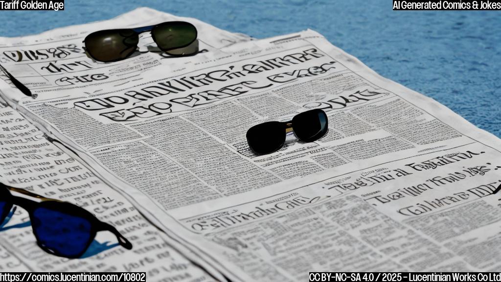 A cartoon-style drawing of a newspaper with the headline "Tariff Golden Age Still Over the Horizon" lying on a beach, with a pair of sunglasses next to it. The sun is shining brightly and the newspaper is visibly sunburned. The background is a plain light blue.
