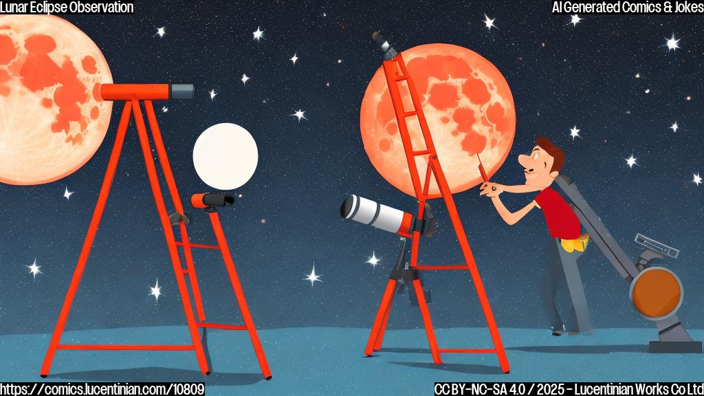 A cartoon astronomer with a telescope and a ladder, looking up at a red, round moon in a dark, starry sky. The style is simple and colorful.