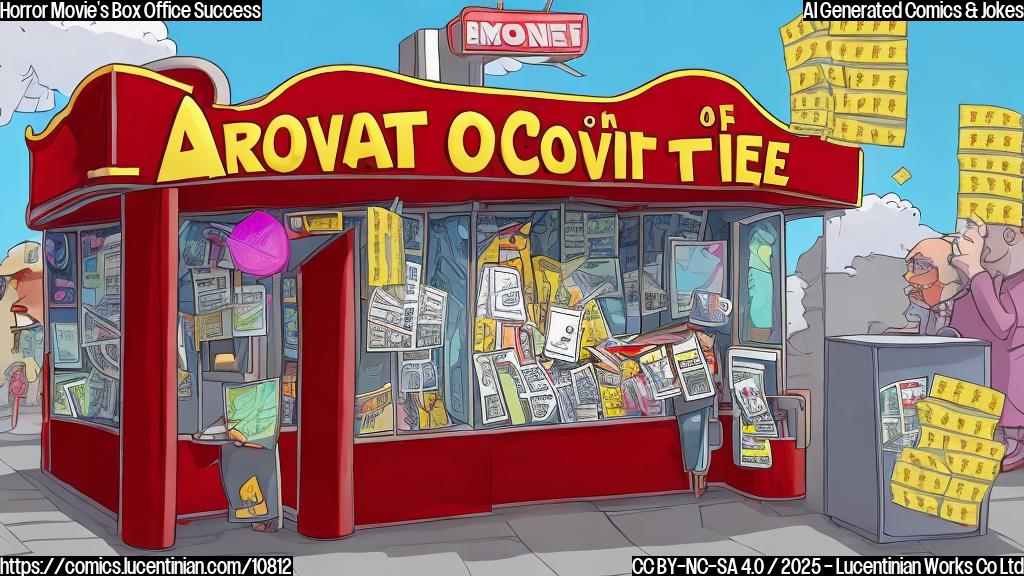 A cartoon image of a movie theater ticket booth. The ticket booth is plain red. Above the booth is a marquee sign that says "Box Office Smash!" in large, blocky yellow letters. The booth window is open, and a hand reaches out holding a stack of money.
