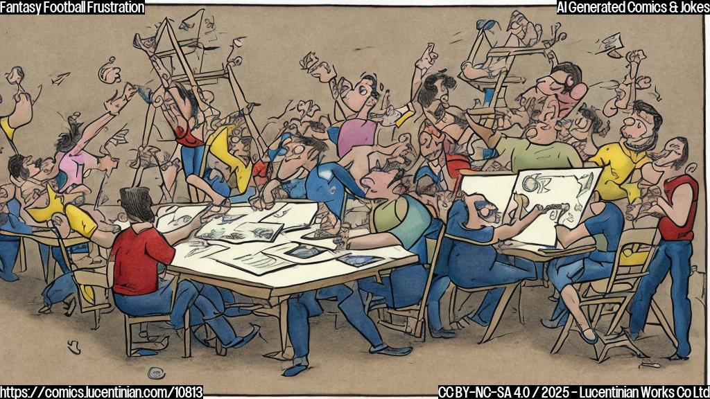 A cartoon drawing in a plain color background showing a person with a determined expression carrying a large ladder towards a table where several other people are sitting with laptops and papers, presumably engaged in a fantasy football draft. The person with the ladder is wearing a jersey of an unnamed football team with a generic number.