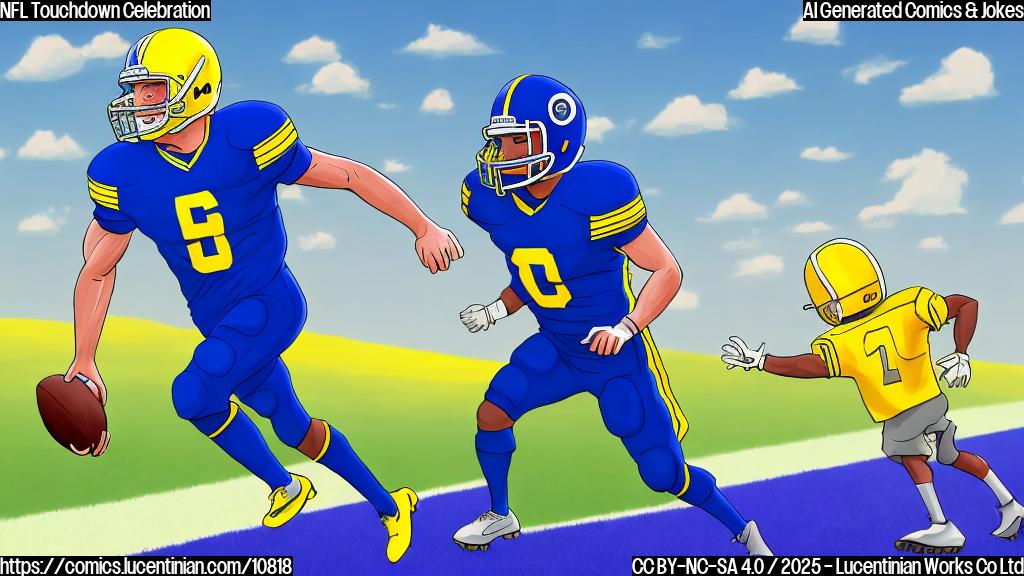 A cartoon image depicting a generic football player in a vibrant blue uniform, joyfully carrying a bright yellow ladder towards a football end zone. The background is a plain green field. The style is simple and childish, without any faces.