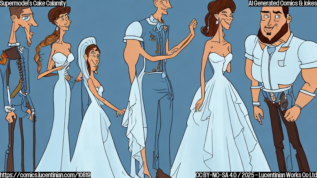 Cartoon style, plain light blue background, a tall slender woman in a white wedding dress looking disgusted at a multi-layered wedding cake, a muscular man with short brown hair stands beside her looking confused.
