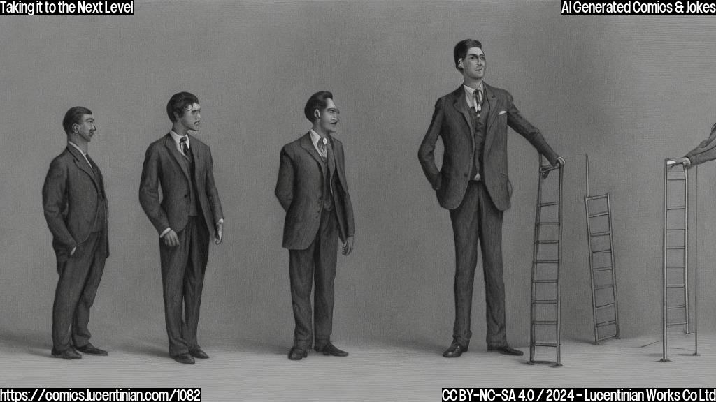 A small, humanoid figure with a suit and tie is standing on a ladder, while another character in a suit is seated across from them, looking concerned. The background is a simple, neutral-colored room with no visible windows or doors.