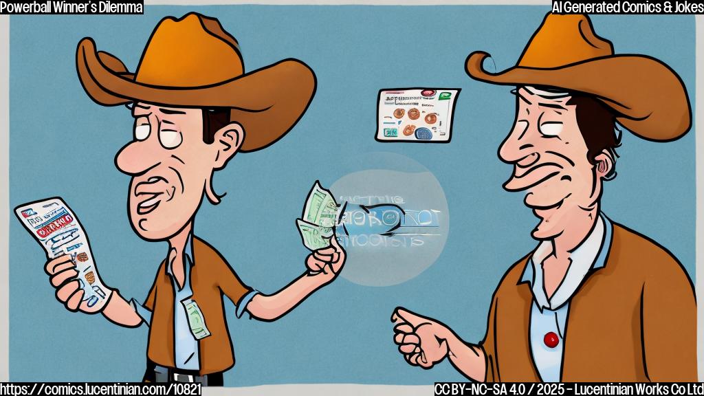 A cartoon drawing of a person wearing a cowboy hat, looking stressed and conflicted, with a lottery ticket in one hand and a tiny, simple ranch house in the other. The background is a flat, light blue color.