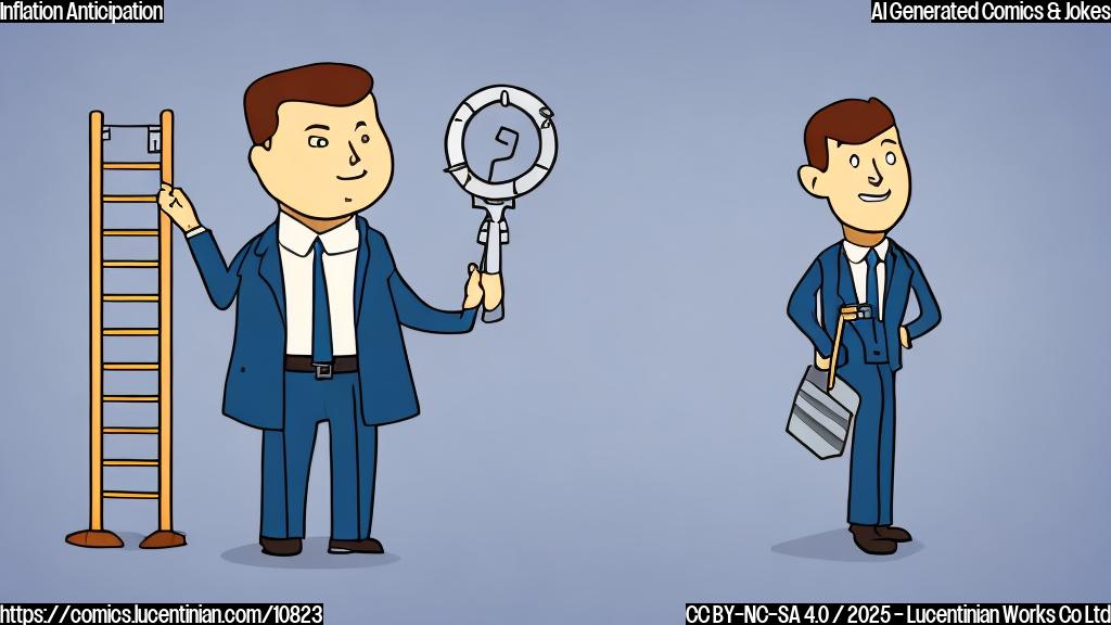 A cartoon image of a person wearing a suit and holding a ladder, standing in front of a graph that is sharply trending upwards. The background is a solid light blue. The style is simple and uses flat colors.