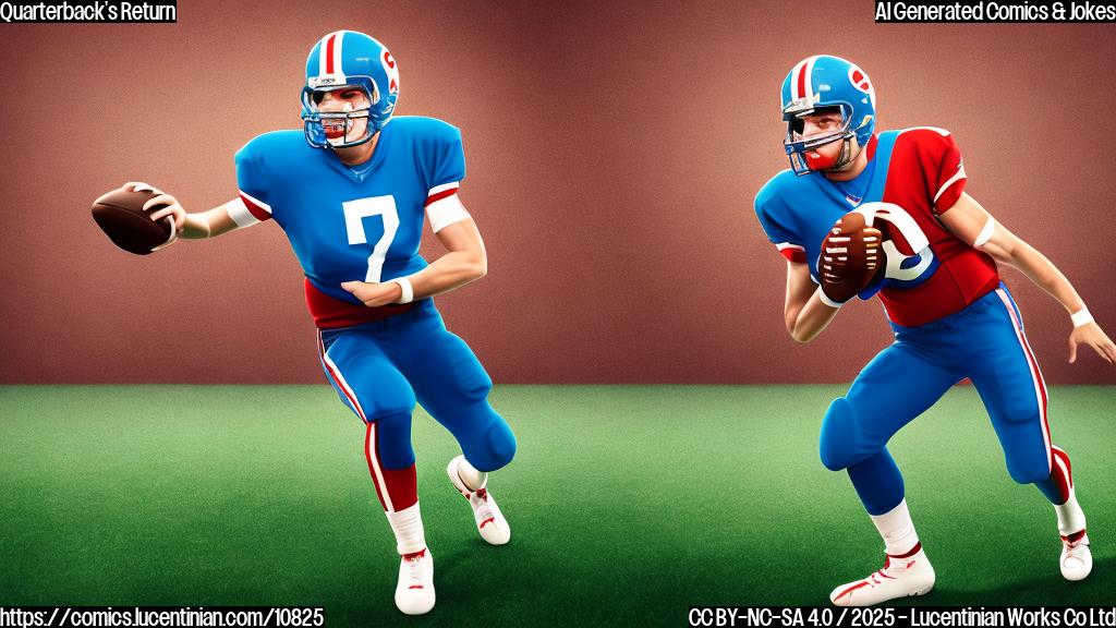 A cartoon-style image of a football quarterback wearing a blue uniform with a number on it, carrying a bright red ladder onto a green football field. The sky is a solid light blue color. The style is simple and clean, like a children's book illustration.