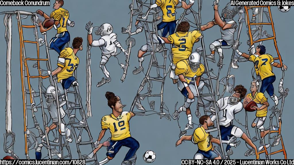 A cartoon drawing of a football team looking dejected at the bottom of a very long ladder leading to a scoreboard that shows a very high score for the opposing team. The team at the bottom is scratching their heads and one player is holding a ladder, looking determined. Plain color background.