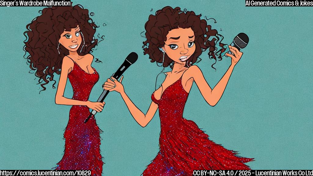 A cartoon drawing in a plain style. A female singer with long brown curly hair wearing a sparkly red dress stands on a stage with microphone in her hand. The top of her dress is falling down, exposing her shoulder. The background is a simple blue gradient.