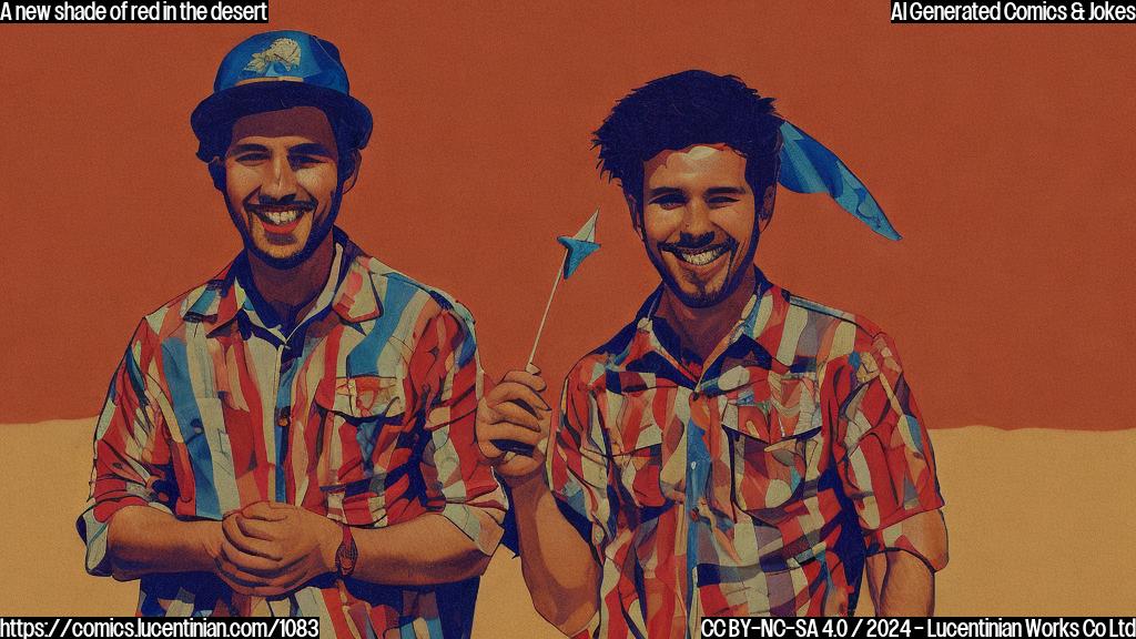 Draw a cartoon-style image of a smiling Ruben Gallego holding a small flag with a salsa-inspired design, standing in front of a vibrant desert landscape with a faint red color scheme.