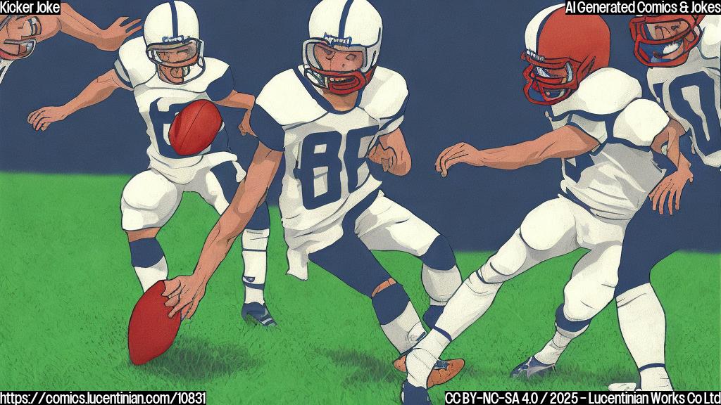 Plain color cartoon style image of a football player kicking a football that is shaped like a loaf of bread. The player is wearing a uniform with a generic team logo. The background is a simple green field.