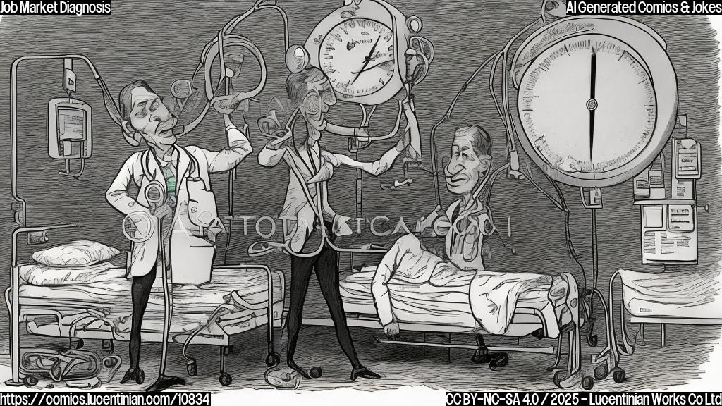 Cartoon of a concerned doctor, a caricature with exaggerated features, holding a giant thermometer up to a chart representing the "Job Market," which is depicted as a pale, sickly patient in a hospital bed. The chart shows a steep decline. The doctor is wearing a white coat and has a stethoscope around his neck. The overall style is plain and colorful.