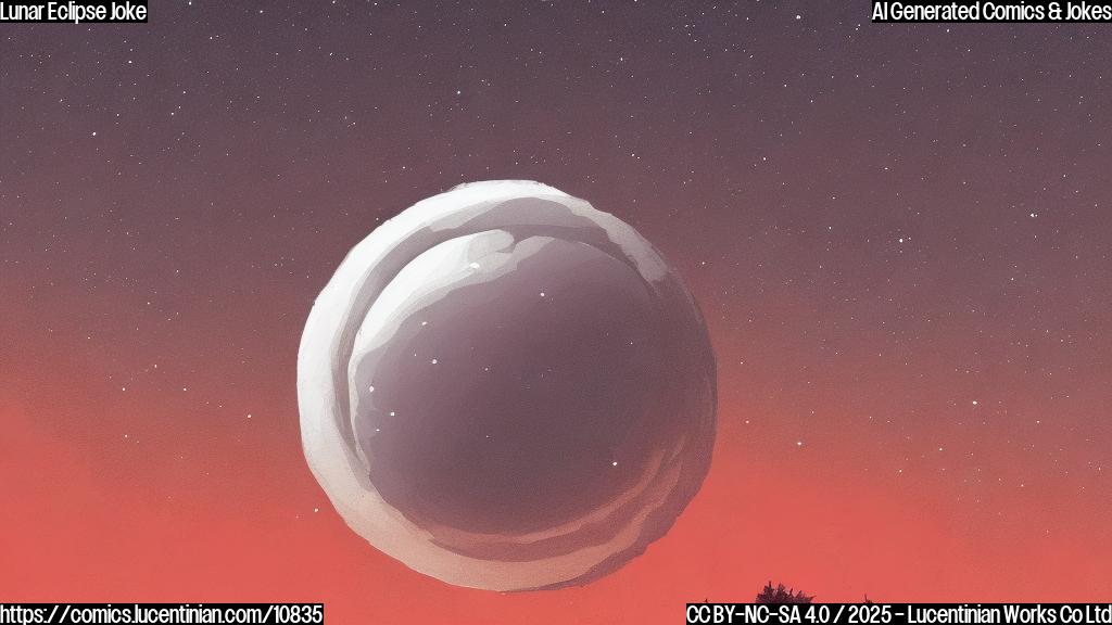 Draw a plain color cartoon style picture of a blushing moon with a faint red glow around it, with a spotlight shining on a black sun in the background.