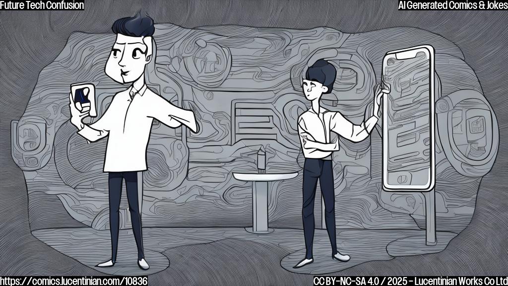 Cartoon style drawing of a person with a confused expression, standing in front of two futuristic-looking tablets and a smartphone on display stands. The background should be a plain color and minimalist.