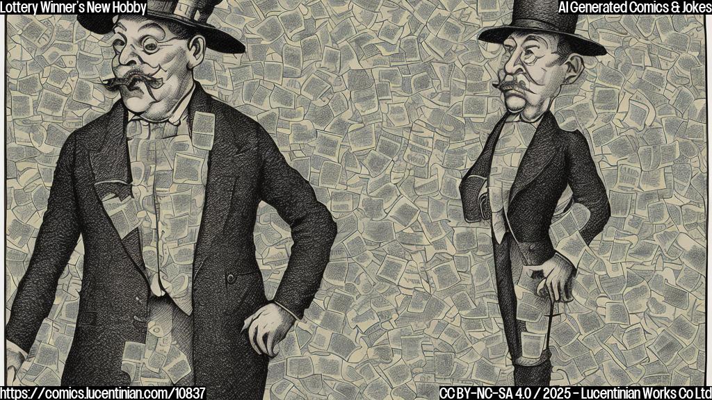 A cartoon drawing of a person wearing a large hat made of money, standing in a room filled with maps pinned to the walls. The person looks slightly bewildered. The style is plain and colorful.