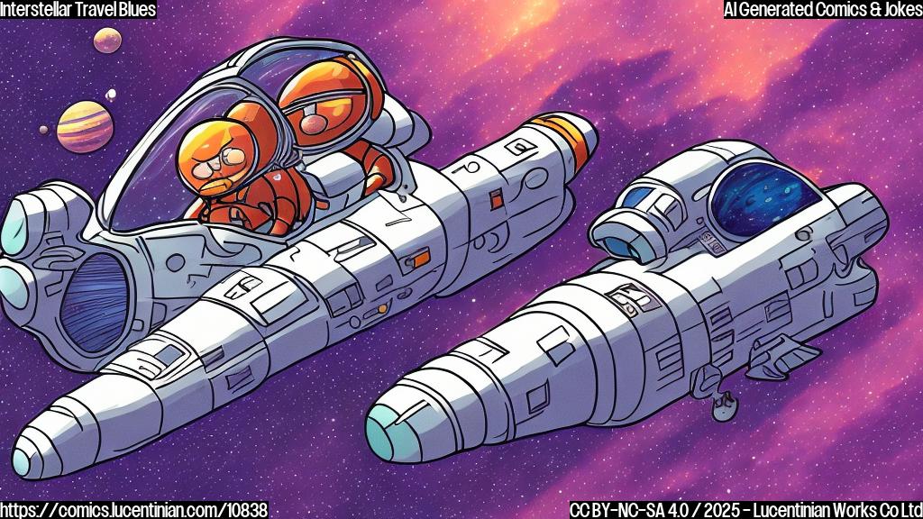 A cartoon-style drawing of a worried looking space traveler in a small, beat-up spaceship being pulled over by a stern-looking space police officer in a larger, futuristic space vehicle. The background is a plain purple color with stars and planets.