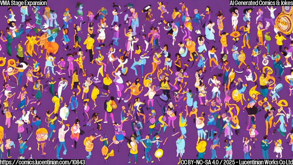 Cartoon style image of a very large stage with miniature figures resembling music artists performing. The background is a gradient of purple and orange. The style should be simple and use flat colors.