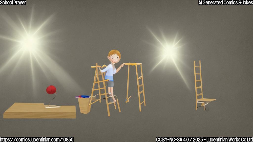 A simple, flat, cartoon image of a child using a small wooden ladder to reach towards a floating cloud with a shining light emanating from it inside a classroom. The classroom is plain with desks and chairs.