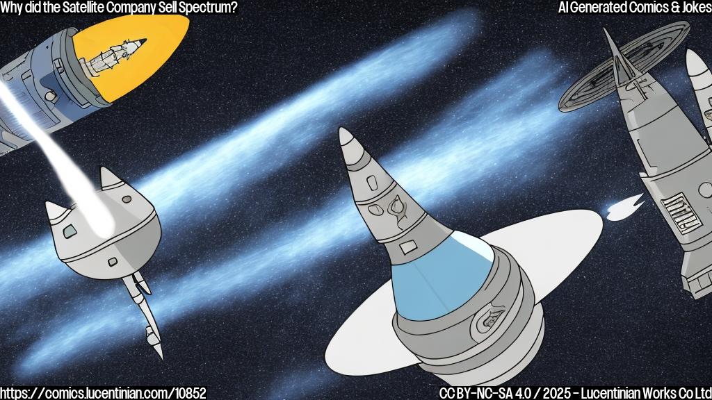 A simple, plain color cartoon style image. A sad-looking satellite with dollar bill symbols on its body is handing a radio wave symbol to a futuristic rocket. The satellite is light blue and the rocket is white. The background is a dark blue.