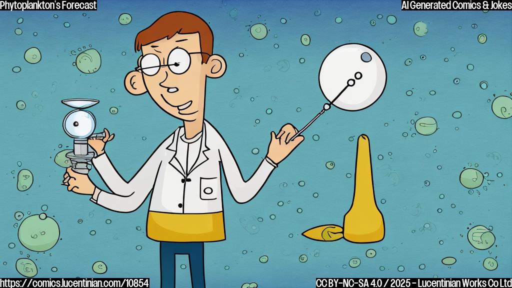 A simple cartoon drawing of a worried scientist looking at a tiny phytoplankton, with a thermometer showing a high temperature in the background. The sky is overcast and the sea is a murky color. All elements drawn in a plain color cartoon style.
