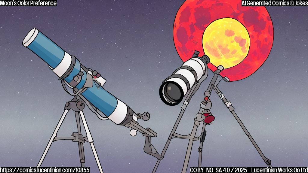 A plain cartoon style picture of a telescope looking dejected with a red-colored full moon in the sky looking away with a sassy expression. Background is a solid dark blue.