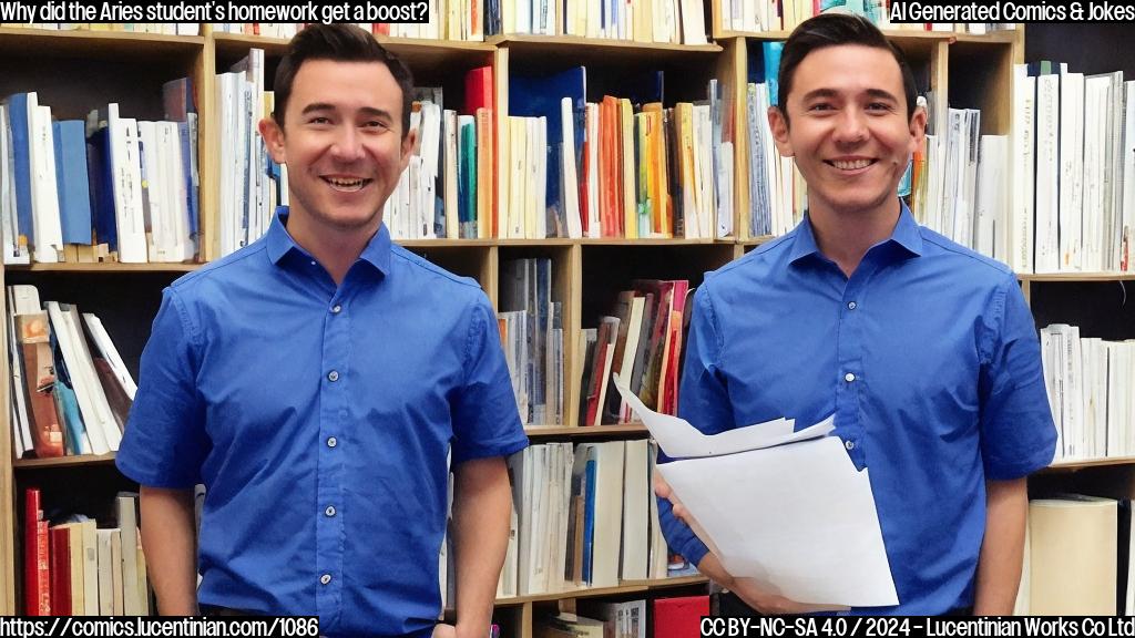 A bright, energetic figure with short, spiky hair and a mischievous grin, wearing a blue shirt and standing in front of a desk with open books and papers scattered around.