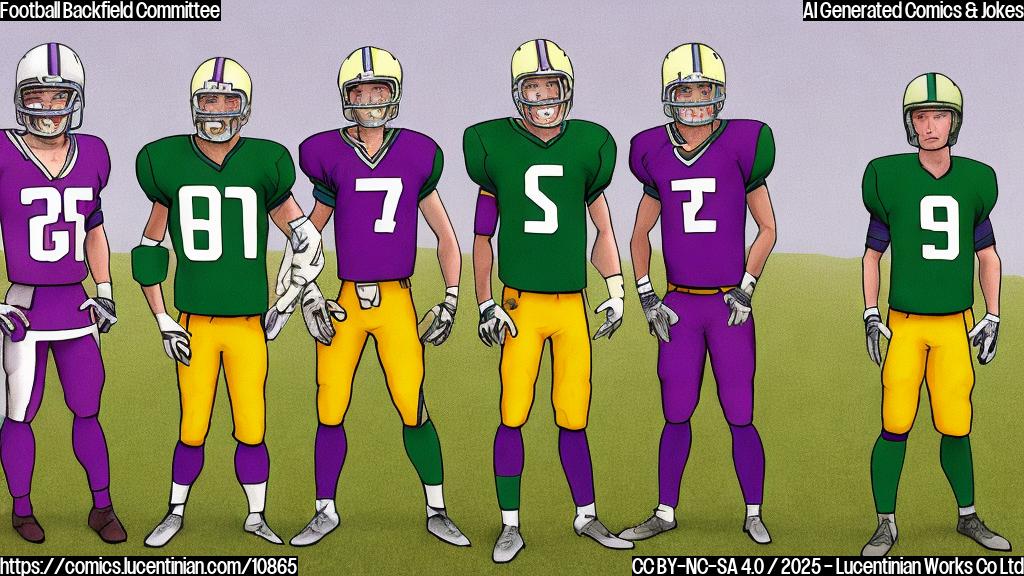 Plain color cartoon style of three football players standing in a line, wearing different colored jerseys (purple, yellow, and green). The background is a simple green field. The players are looking at the viewer with slightly confused expressions.