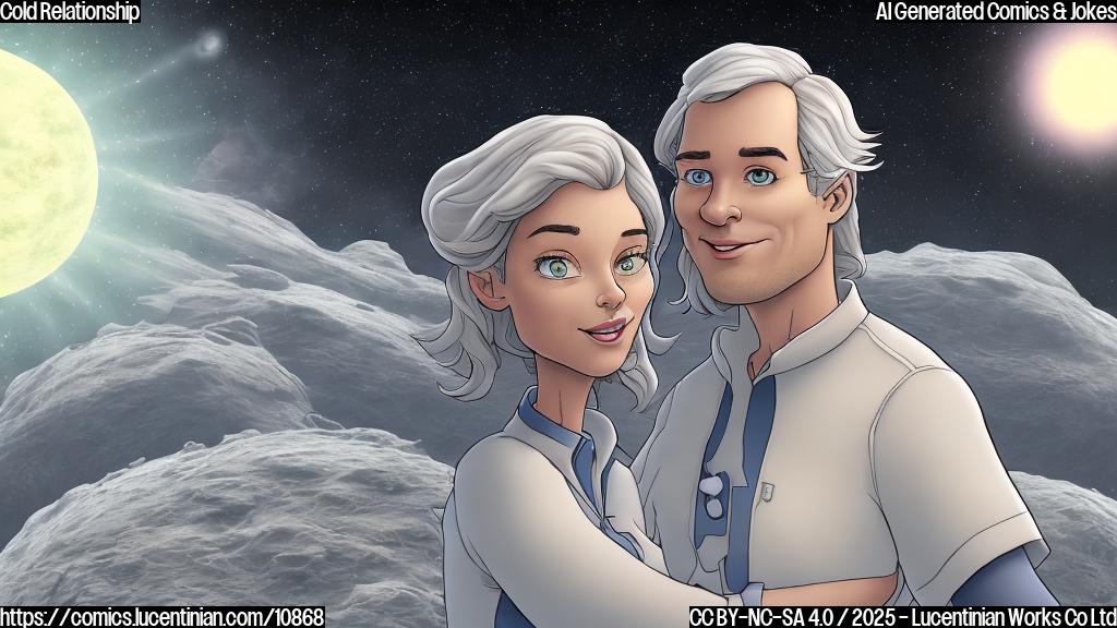 A cartoon image depicting a couple standing far apart on a planet resembling Earth but colored in shades of gray and dark blue. Stars are visible in the background. The characters are a man and a woman, both wearing neutral expressions. A large, cracked heart symbol hovers between them. The overall style is simple and plain color, resembling a children's cartoon.