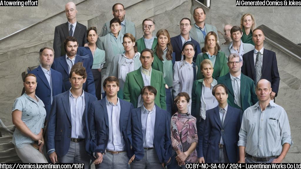 a group of tall, serious-looking adults with stern expressions are standing at the base of a large staircase leading up to a bright blue sky. one of them is holding a small, green ladder.