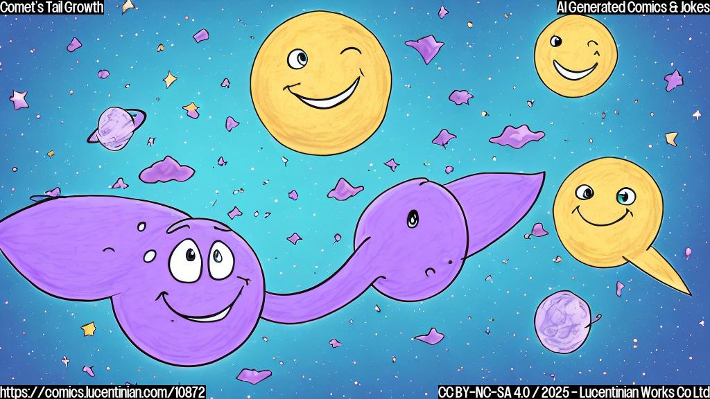 A cartoon-style drawing of a happy comet in space. The comet has a large, bright tail that is clearly growing longer. The comet has a smiley face. Background is a simple plain purple color.