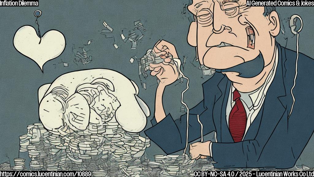 a plain color cartoon style picture representing a sad economist with a broken heart, sitting next to a graph showing a downwards trending line labeled "Inflation," with a single tear rolling down their cheek.