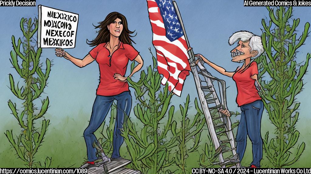 Illustrate a cartoon of Kristi Noem standing on top of a ladder, looking out at a U.S.-Mexico border, with a stern expression and a few prickly objects nearby.