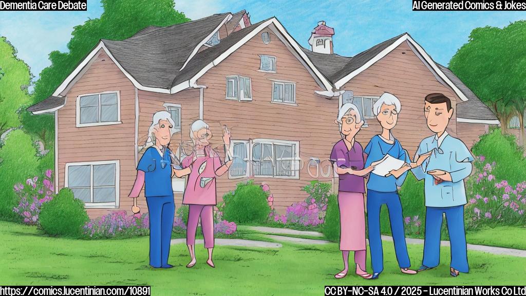 A cartoon style drawing of two caregivers standing in front of a house. One caregiver is holding a chart with a care plan on it and shaking their head with a determined expression. The other caregiver looks confused and is scratching their head. The house is plain and simple, with a small, neatly trimmed lawn. The overall color palette is pastel and calm.