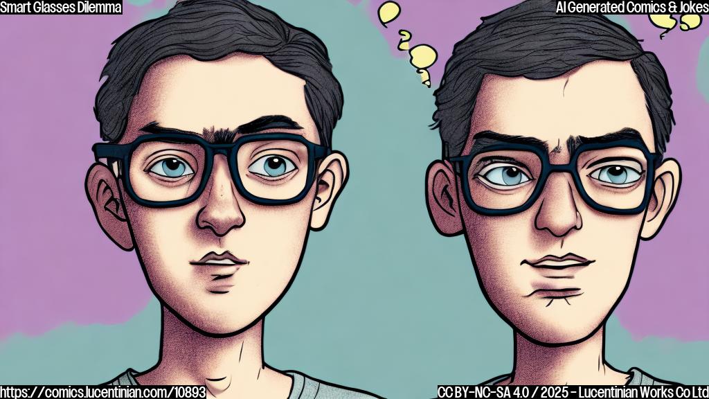 Cartoon drawing of a person with thick eyebrows wearing oversized smart glasses, looking puzzled with question marks floating around their head, all in a flat, pastel color scheme.