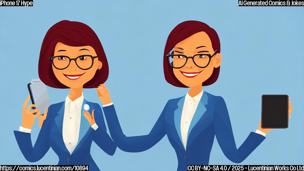 A smiling woman in a suit holding a large smartphone with a bright, colorful screen. The background is a plain light blue. Cartoon style.