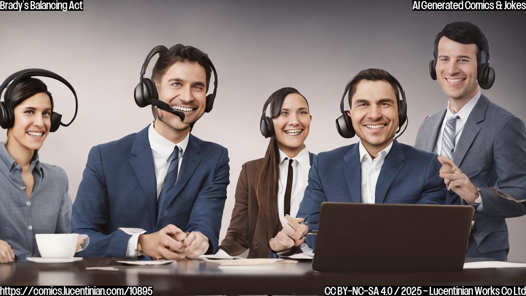 A person with short brown hair wearing a headset and a suit is sitting at a table with two other people with dark hair and casual clothing. All three are smiling slightly. The background is a blurred image of a football field. The style is plain color cartoon.