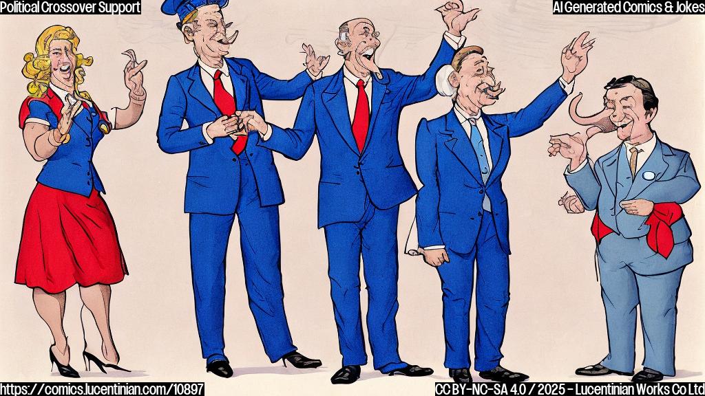 A cartoon image depicting a smiling woman in a blue suit standing on a stage, gesturing towards two figures beside her. One figure is dressed in a red tie and the other one is dressed in an elephant tie. The background is a plain light blue color. The style is simple, flat, and cartoonish.